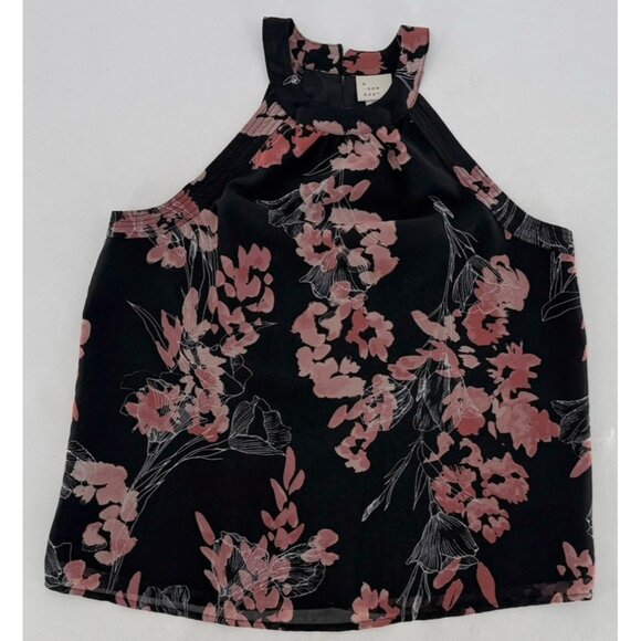 A New Day Women’s Black‎ Pink Floral Sleeveless Lined Blouse XS Preppy Boho Ofc - Picture 1 of 8